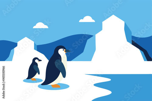 penguins walking across icy arctic scene vector illustration