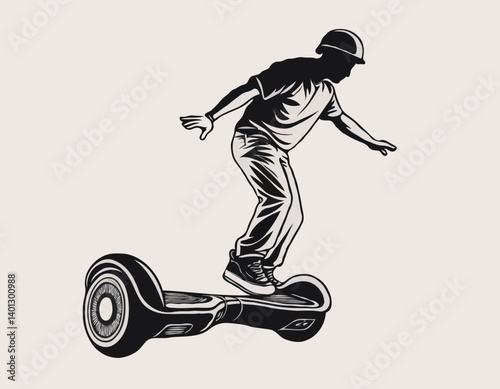 Personne Se déplacer sur l’hoverboard électrique Icône silhouette noire. Homme sur l’électricité Puissance Gyroscooter Glyph Pictogramme. Mobilité urbaine moderne Transport Symbole plat. Illustration 