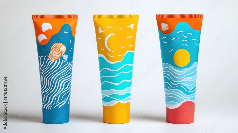 Fototapeta premium Summer Sun Care Tubes:Ocean Waves,Sunsets, and Seashells