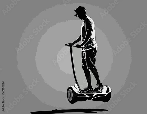 Personne Se déplacer sur l’hoverboard électrique Icône silhouette noire. Homme sur l’électricité Puissance Gyroscooter Glyph Pictogramme. Mobilité urbaine moderne Transport Symbole plat. Illustration 