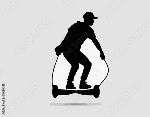 Personne Se déplacer sur l’hoverboard électrique Icône silhouette noire. Homme sur l’électricité Puissance Gyroscooter Glyph Pictogramme. Mobilité urbaine moderne Transport Symbole plat. Illustration 