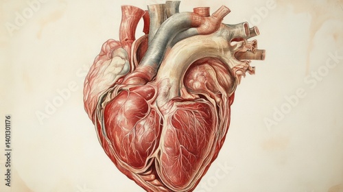 A detailed anatomical illustration of a human heart, showcasing its structure for educational purposes, against a plain background.