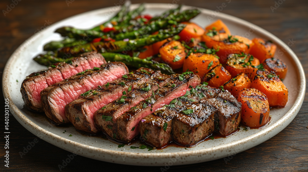 Succulent grilled steak is beautifully sliced and arranged on a rustic plate, showcasing its juicy pink center. Accompanying the steak are vibrant roasted carrots and fresh asparagus, both lightly sea Succulent grilled steak is beautifully sliced and arranged on a rustic plate, showcasing its juicy pink center. Accompanying the steak are vibrant roasted carrots and fresh asparagus, both lightly sea