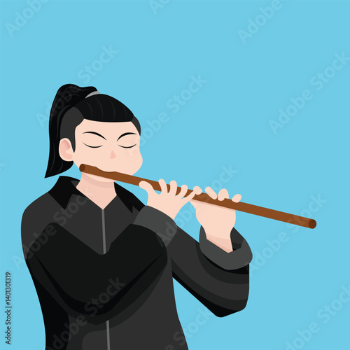 Man playing flute. Scale and musical notes. Flat style background