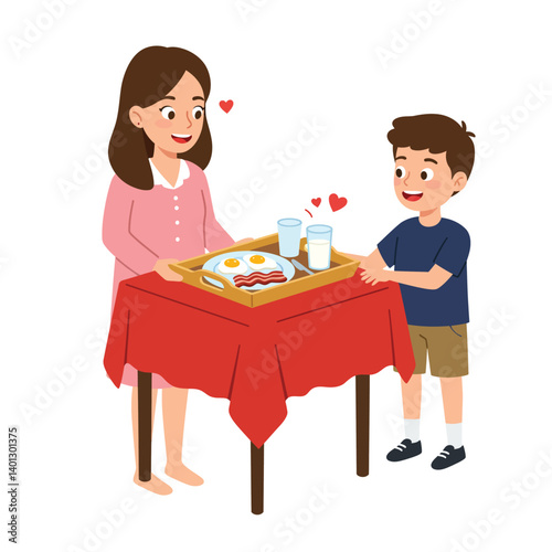 Mother and son sharing breakfast with joy in flat vector art
