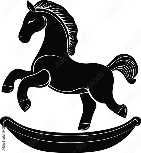 Black Silhouette of a Rocking Horse in Side Profile with a Raised Front Leg, Curved Base, Flowing Mane, and Tail