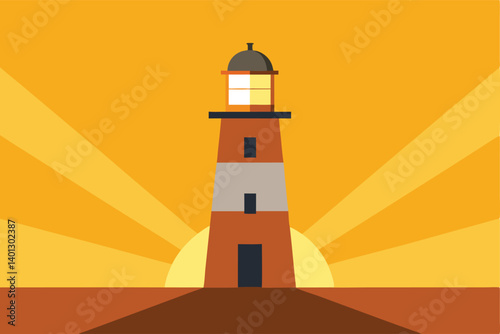 lighthouse casting light under golden sky vector
