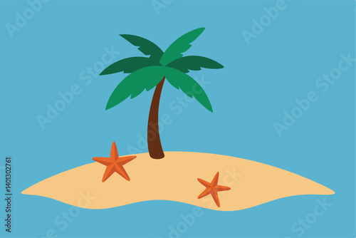 island beach with starfish shells and palm shadows