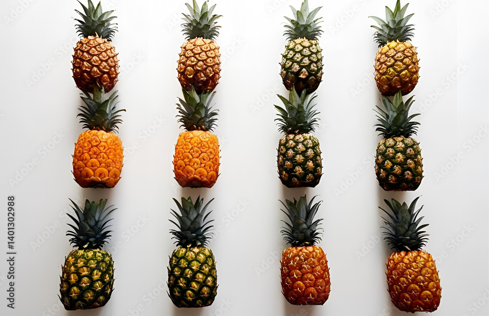 12 pineapple isolated on white background, top view