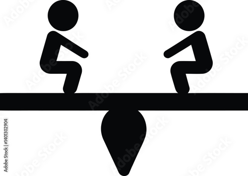 Black and White Silhouette of Two Stick Figures Seated on Opposite Ends of a Seesaw, Balanced on a Central Pivot
