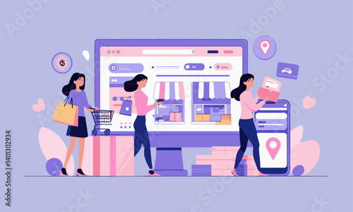 Modern flat vector illustration in pastel tones showing the online shopping process, easily editable.