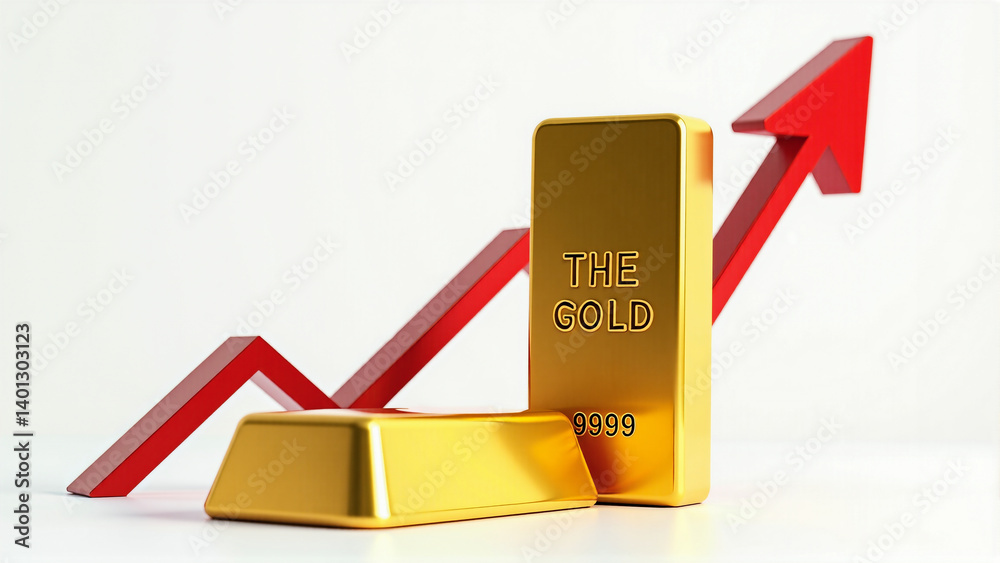 Uptrend on the cost of gold. Gold bars against the background of the price growth chart. Copy space. AI generative.