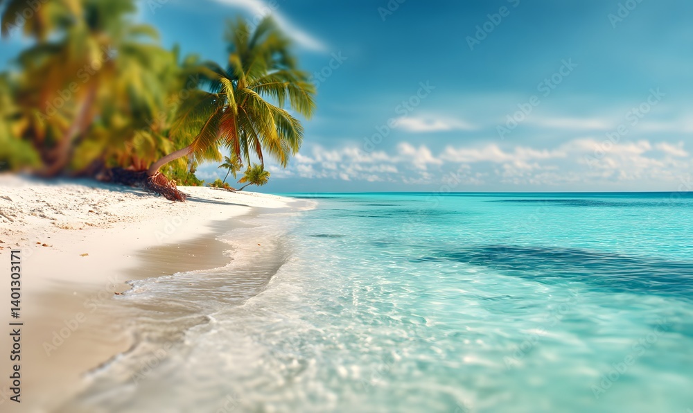 Fototapeta premium A scenic view of a tropical beach with palm trees and clear turquoise water under a blue sky
