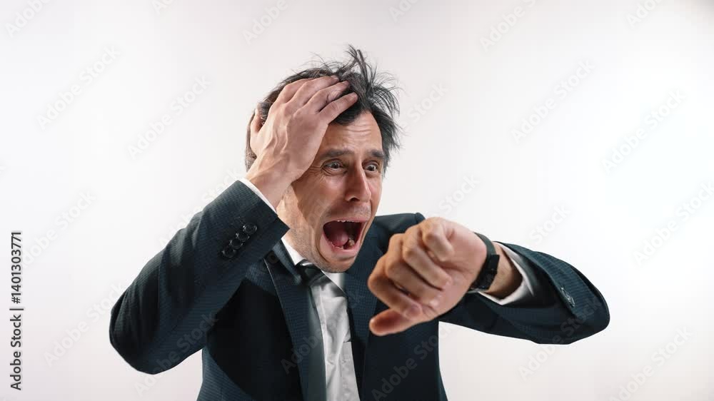 A stressed man in a suit yells desperately at his watch A stressed man in a suit yells desperately at his watch