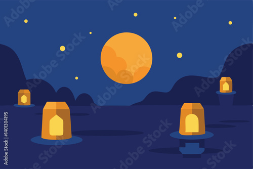 floating lanterns over moonlit lake vector illustration