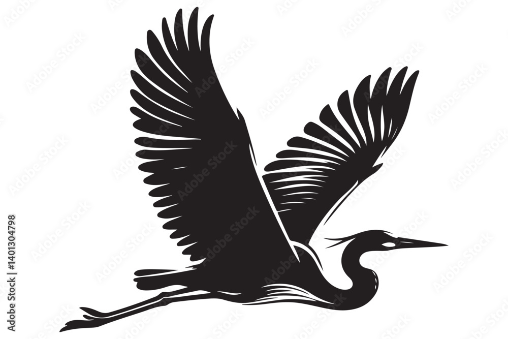 Fototapeta premium Silhouette Heron Flying With Open Wings Vector Illustration Art