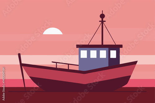 fishing boat on shore with pink sky vector illustration