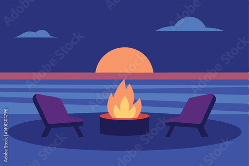 firepit and chairs on beach at twilight vector illustration