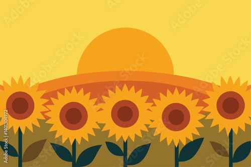 fields of sunflowers under setting golden sun vector