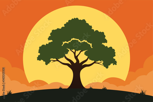 evening sun behind old oak tree in field vector illustration