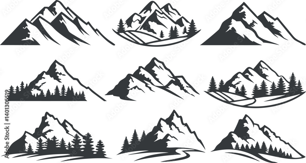 Fototapeta premium Mountain Silhouette Vector Set – Black and White Mountain Peak Illustrations on White Background