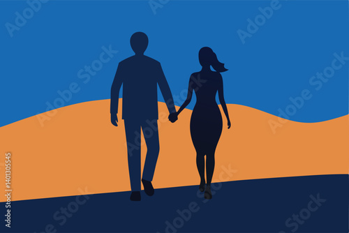 couple walking hand in hand on evening beach vector