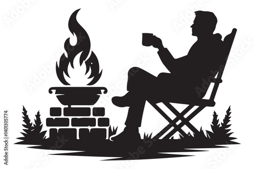 Camping Silhouette Illustration of Man Relaxing by Campfire with Coffee