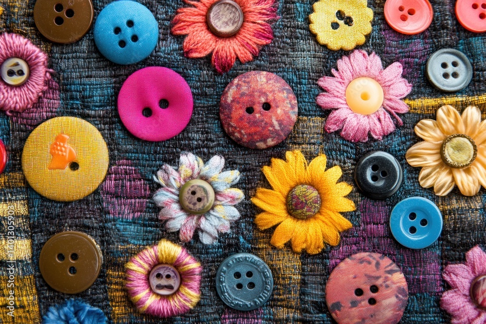 A detailed close-up of colorful sewing buttons, creating a textured background perfect for a creative design.
