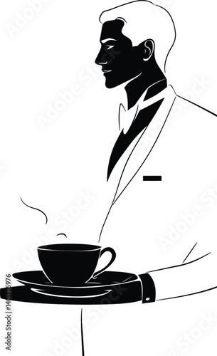 Black and White Silhouette of a Waiter Holding a Tray with a Steaming Cup, Representing Hospitality and Service