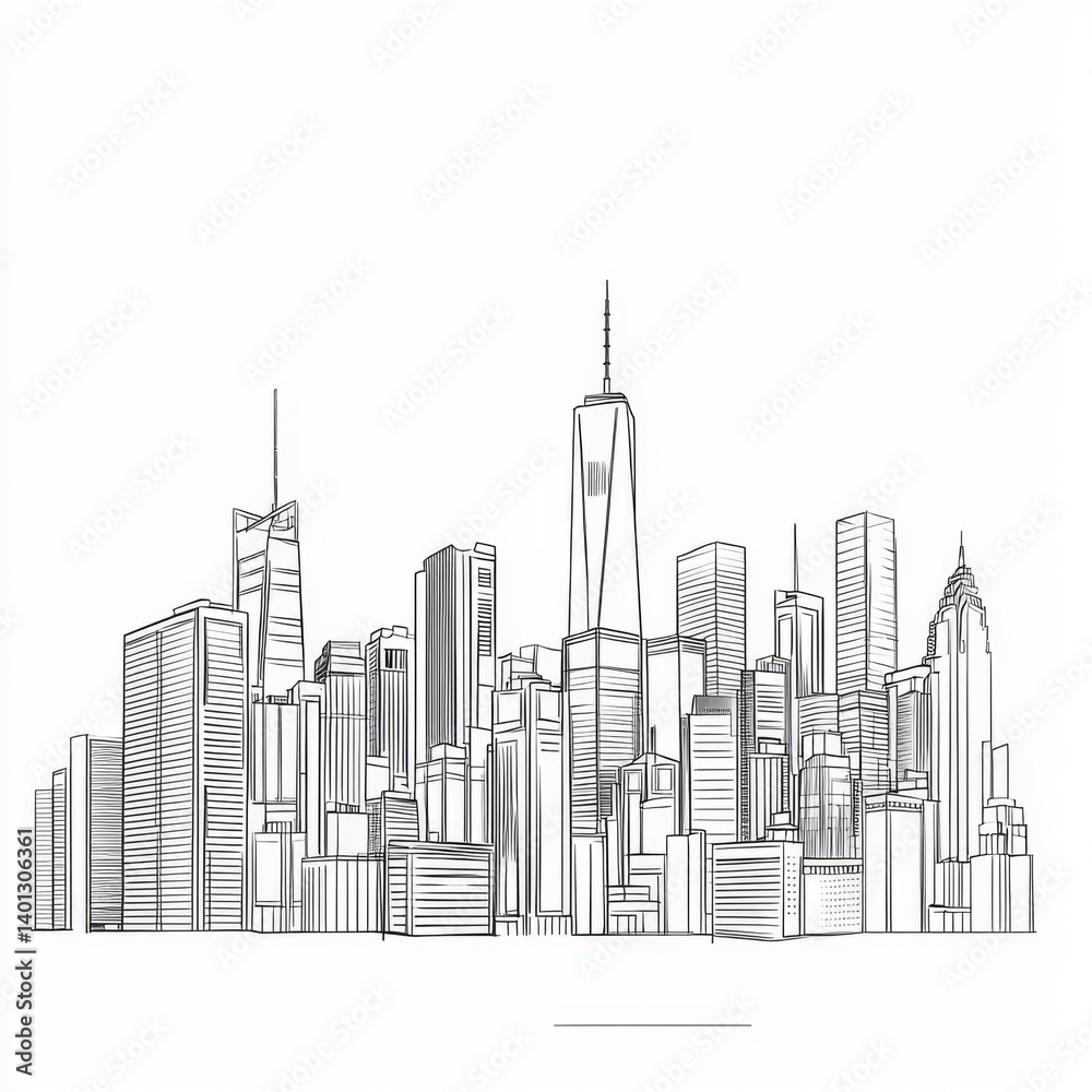 Fototapeta premium Detailed Line Art Illustration of New York City Skyline with Iconic Buildings and Structures in Minimalist Style