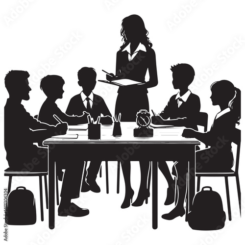 Engaging Classroom Meeting Silhouette Illustration Featuring Teacher and Students