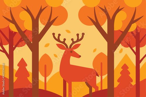 autumn forest with deer and orange leaves vector