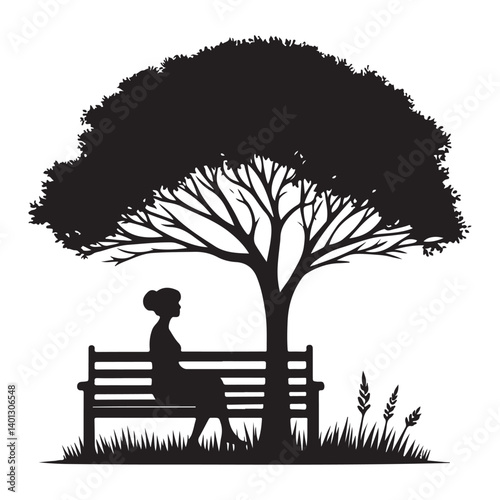 Silhouette of Woman Sitting on Bench Underneath Tree Vector Art