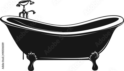 Black and White Silhouette of a Vintage Clawfoot Bathtub with a Faucet, Representing Classic Bathroom Decor