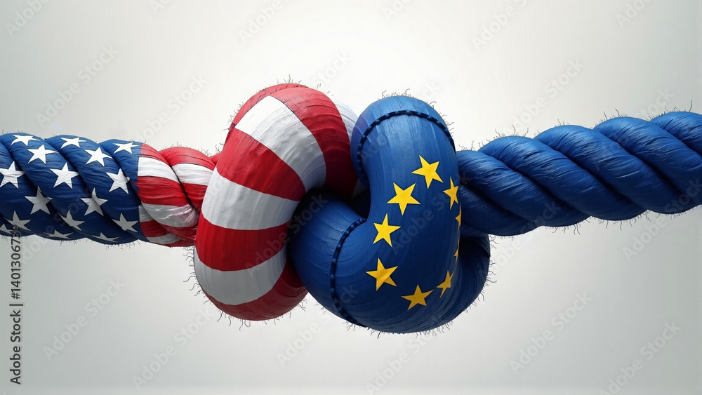 External conflict of interests between the United States and the European Union. Stretched rope with a knot symbolizing the United States and the European Union. AI generative.