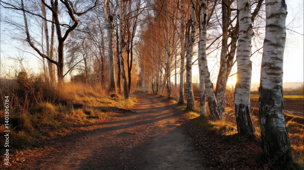 Obraz premium Peaceful sunrise along a birch-lined path.