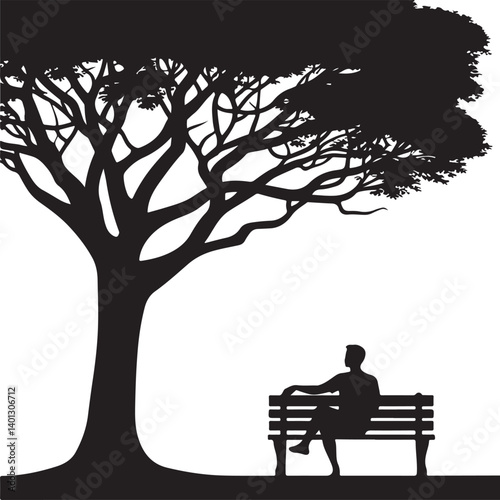 Silhouette Tree with Man Sitting on Bench Vector Illustration