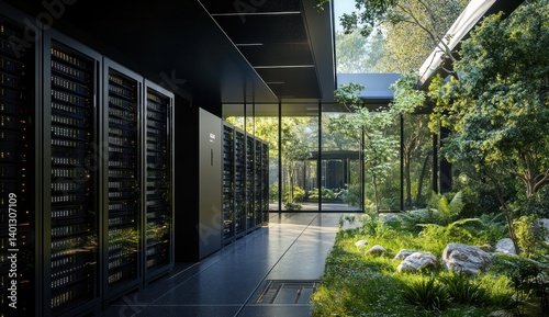 Sustainable Data Center: Green Technology and Server Racks in a Lush Garden Setting