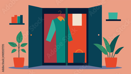 Green Closet An illustration of a closet with doors wide open revealing a variety of stylish outfits made from recycled materials surrounded by potted plants.