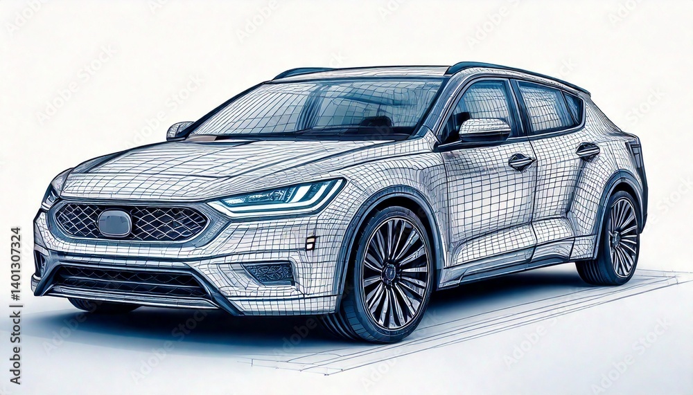 Fototapeta premium Clean CAD-style sketch of a futuristic electric SUV concept, front 3/4 angle
