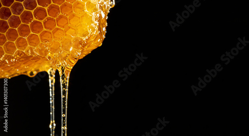 Spring honey in combs, Honeycomb with honey dripping against a black background
