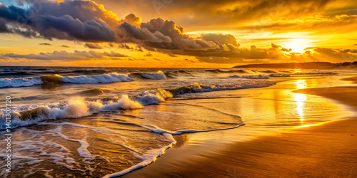 Golden-hued beach at dusk with waves rolling in
