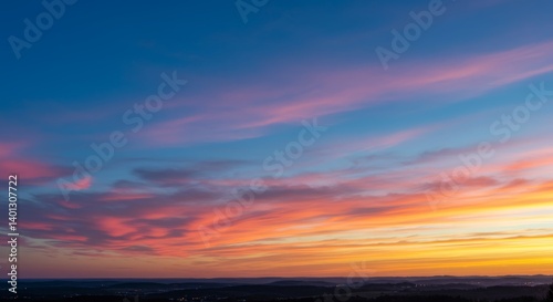 Serene Sunset Landscape - Breathtaking panoramic view of a sunset with vibrant pink, orange, and yellow hues across the sky