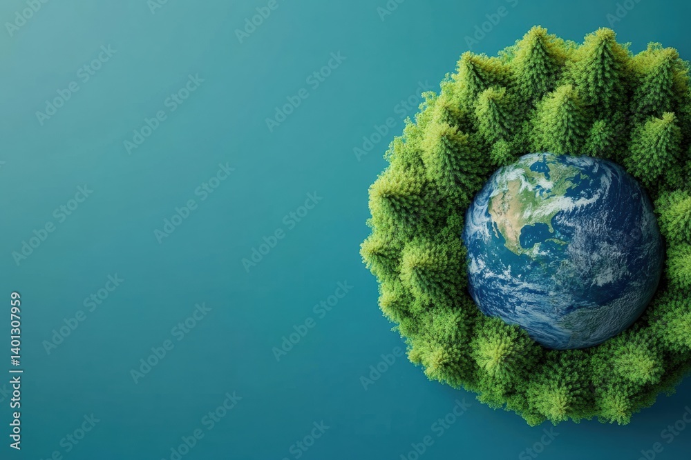 Fototapeta premium Minimal earth outline encircled by miniature trees showcases a sustainable vision for our planet
