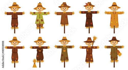 Scarecrow character designs in flat style showcasing seasonal outfits in vector art