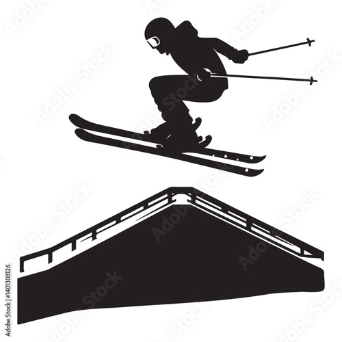 Silhouette of Skier Performing Stunt on Ramp Illustration Vector