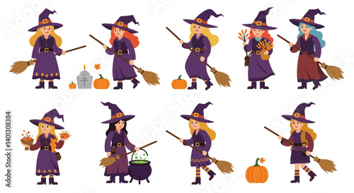 Colorful witches in various poses and activities in flat vector art