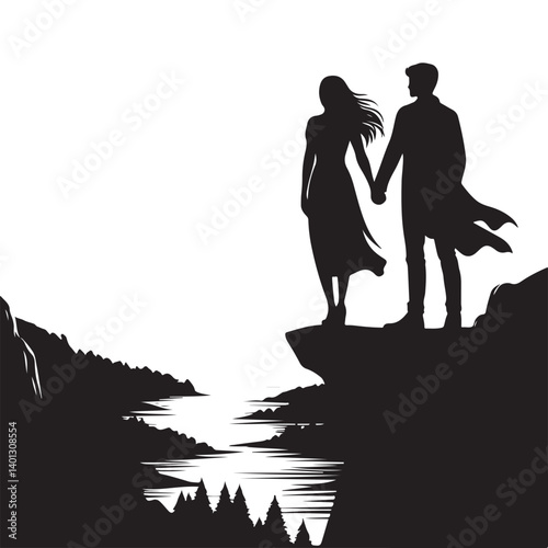 Silhouette illustration of a couple holding hands looking scenic view