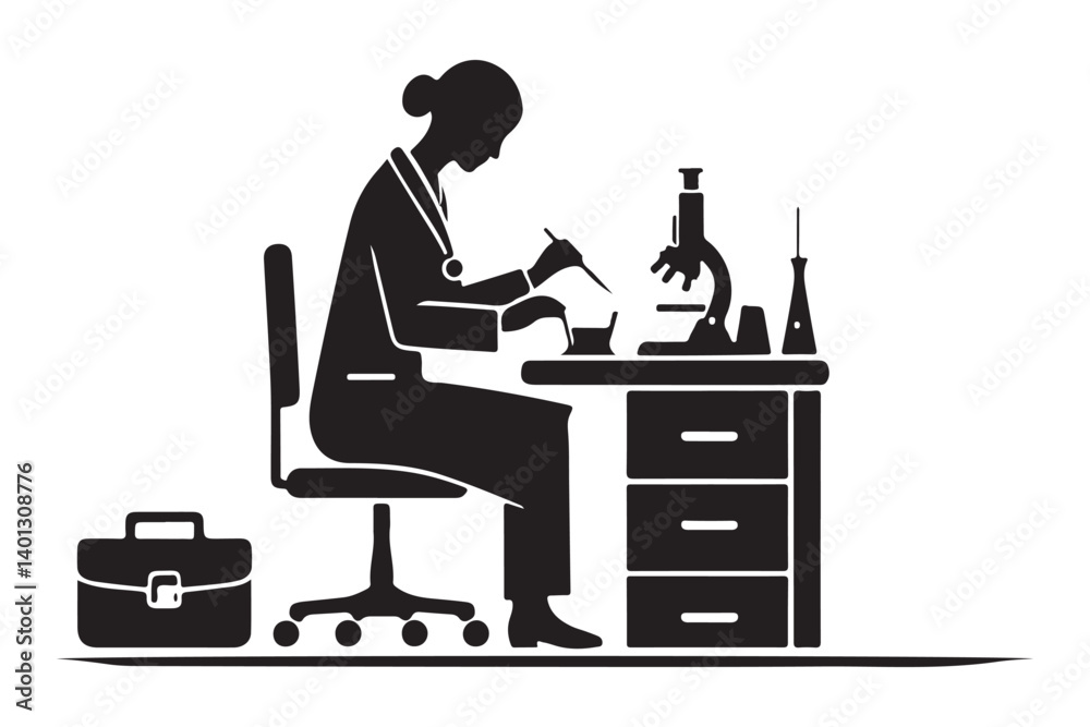 Female Scientist Silhouette Illustration at Lab Experiment for Research Female Scientist Silhouette Illustration at Lab Experiment for Research