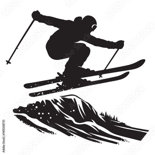 Extreme Skiing Silhouette Illustration on Mountain Top for Winter Sports